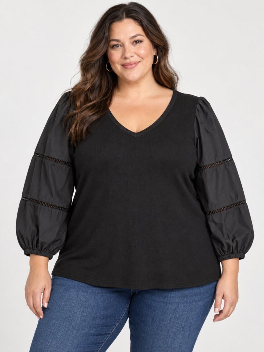Lane Bryant 22/24 Black Ribbed V Neck Balloon Sleeve Mixed Media Top